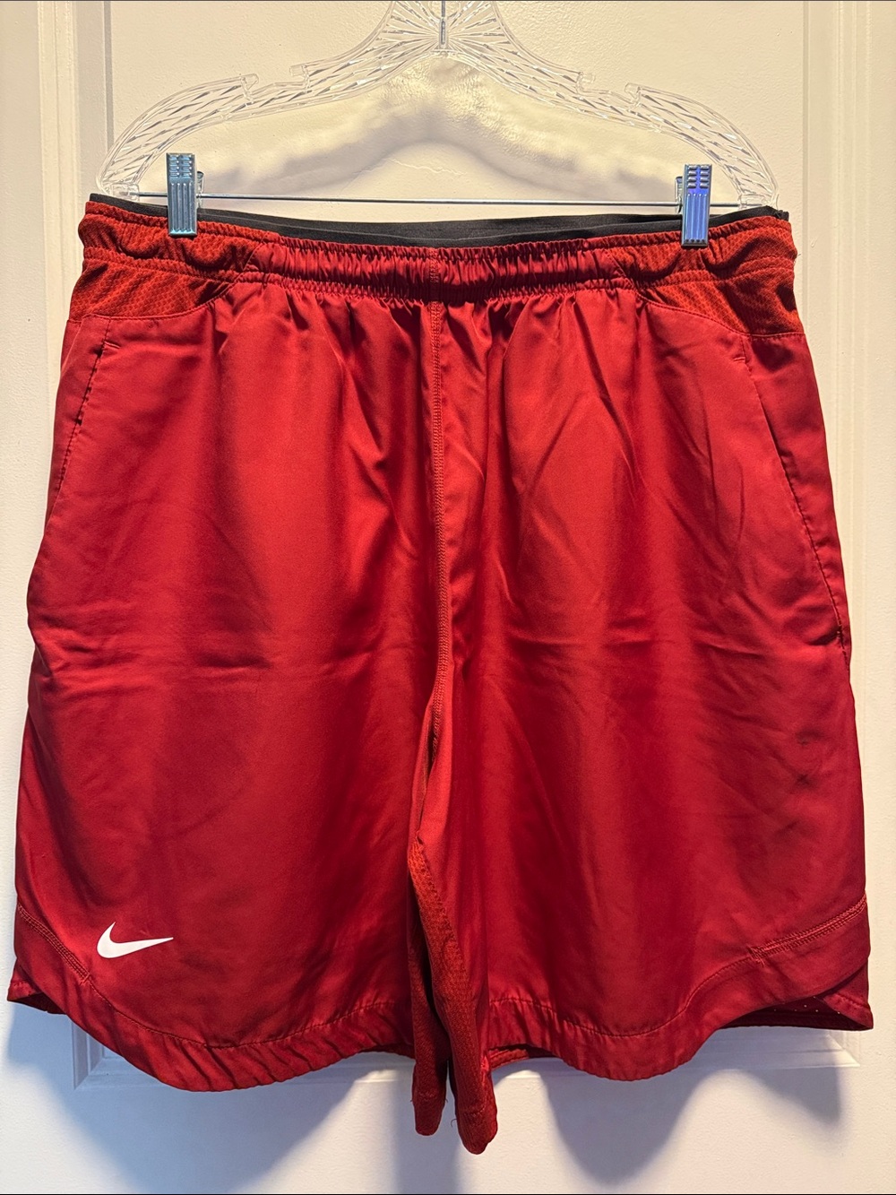 Nike Men's Red Athletic Shorts with White Swoosh